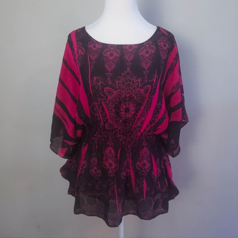 Cato S flowy sleeve colorful pink and black paisley print blouse top - Small